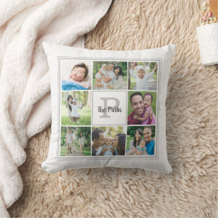 Coussin Nom de famille Monogramme 8 Photo Collage Gris bla