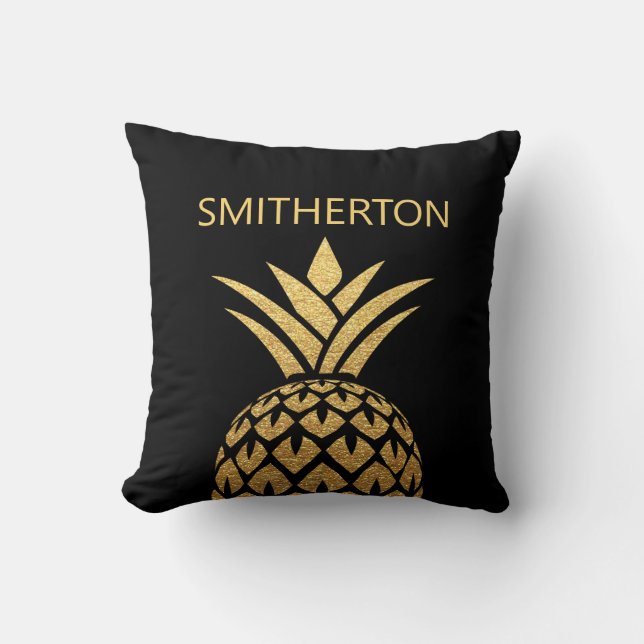 Coussin Nom de famille noir et ananas doré élégant (Recto)