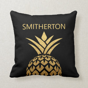 Coussin Nom de famille noir et ananas doré élégant