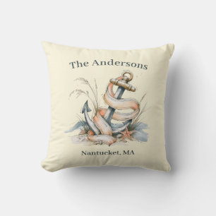 Coussin Nom de famille personnalisé Ancre marine Aquarelle