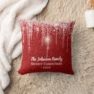 Coussin Nom de famille personnalisé Joyeux Noël Rouge