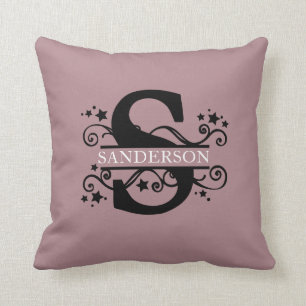 Coussin Nom de famille rayé de monogramme d'étoiles et de