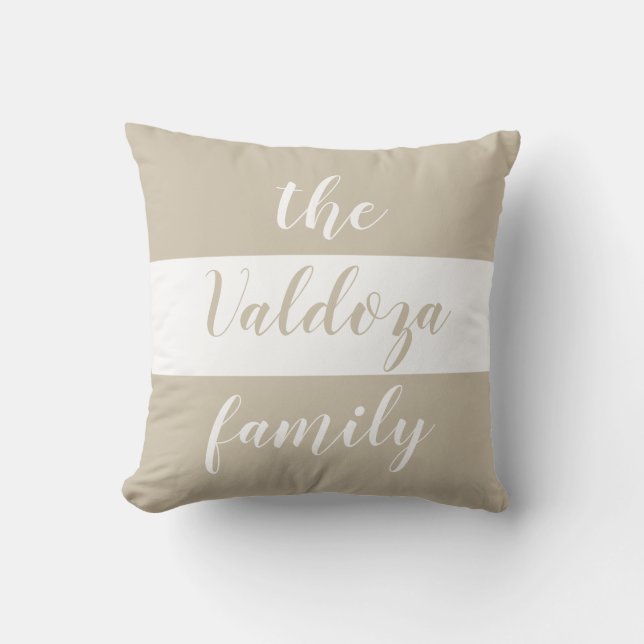 Coussin Nom de famille rayures blanches et beige (Recto)