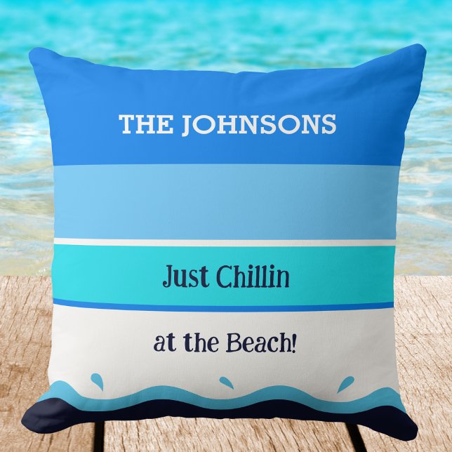 Coussin Nom de famille Rayures Bleues Maison de plage déco (Créateur téléchargé)