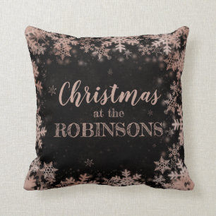 Coussin Nom de famille Rose de Noël Gold Winter Snowflake