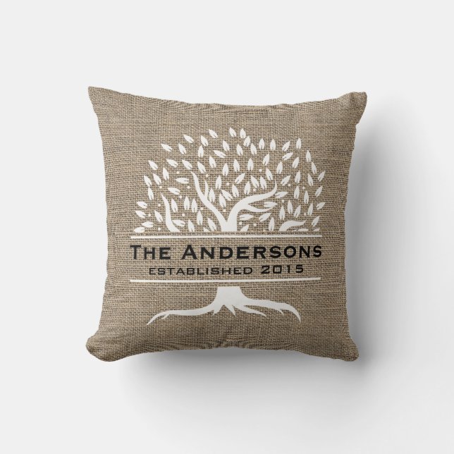 Coussin Nom de famille rustique de toile de jute d'arbre (Recto)