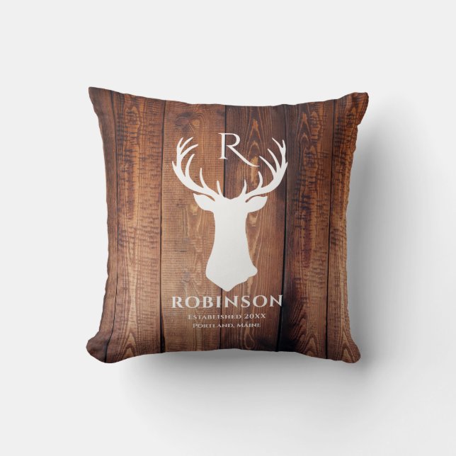 Coussin Nom de famille rustique Monogram Wood Deer Antler (Recto)