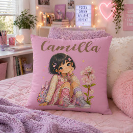 Coussin Nom de fille aux cheveux noirs personnalisé