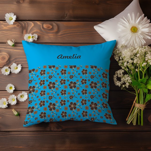 Coussin Nom de la fleur naturelle bleu ciel (Créateur téléchargé)