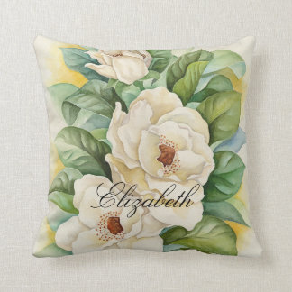 Coussin Nom de la Personnaliser Vintage de Magnolia Floral