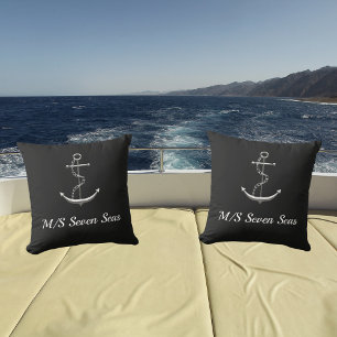 Coussin Nom de l'ancre du bateau en argent noir