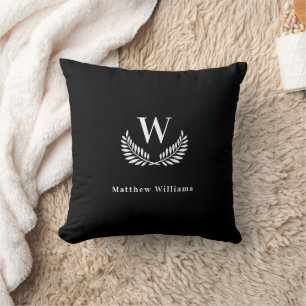 Coussin Nom de laurier blanc noir monogramme