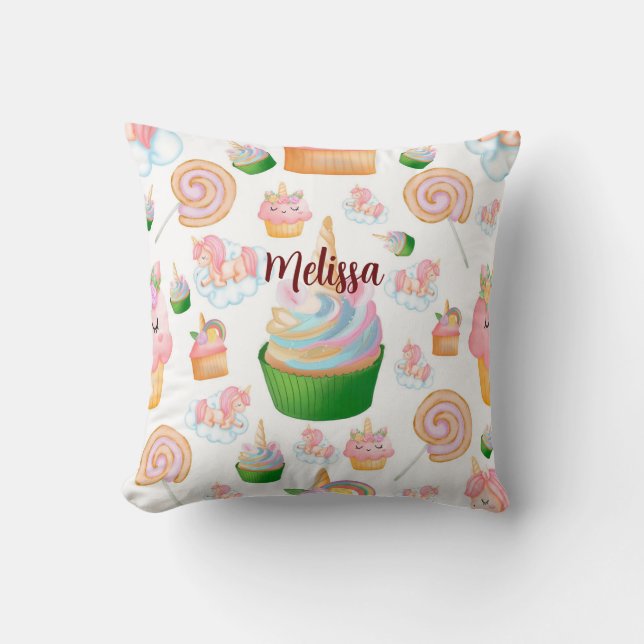 Coussin Nom de mignonne rose Personnalisé Cupcake Unicorn (Recto)