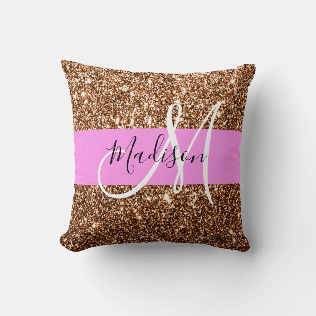 Coussin Nom de monogramme à paillettes rose et bronze Glam (Recto)