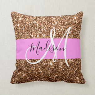 Coussin Nom de monogramme à paillettes rose et bronze Glam