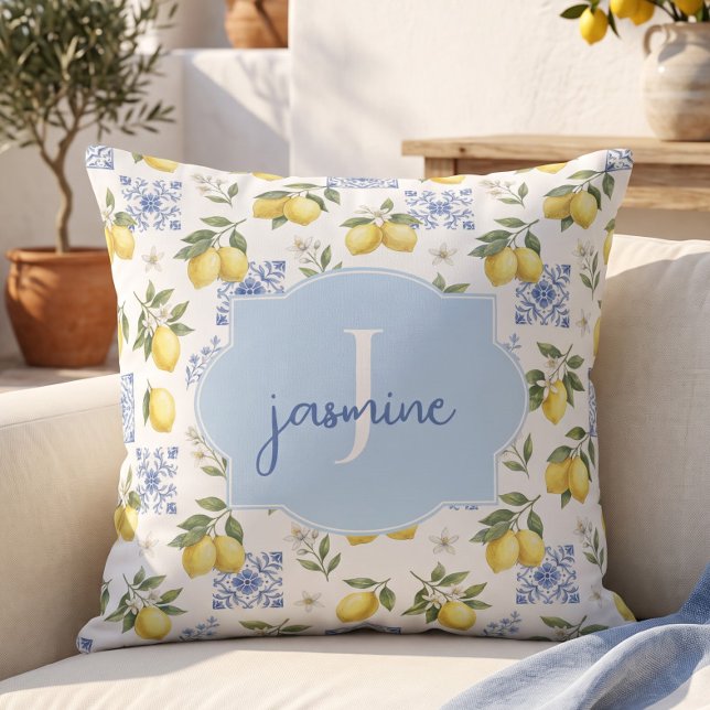 Coussin Nom de monogramme citron Carrelage Motif de style  (Créateur téléchargé)