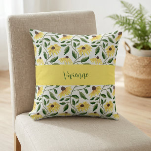 Coussin Nom de monogramme de fleur sauvage aquarelle jaune