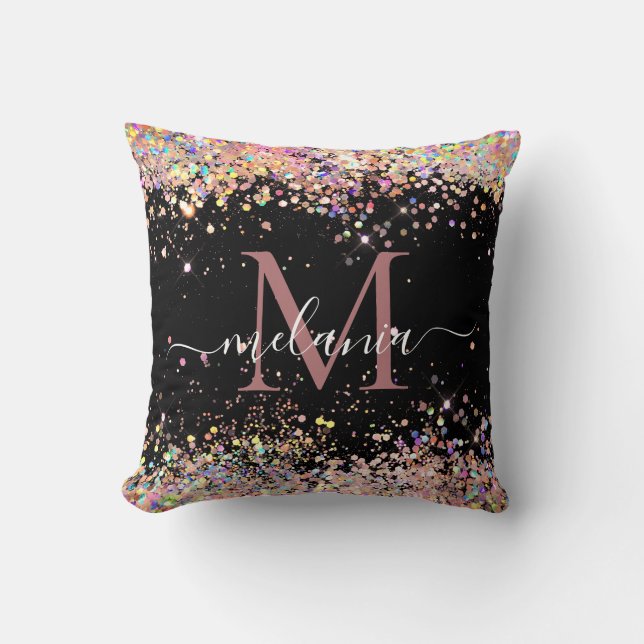 Coussin Nom de monogramme élégant pailleté holographique n (Recto)