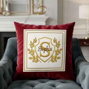 Coussin Nom de monogramme élégant Royal Rouge et Or Crest
