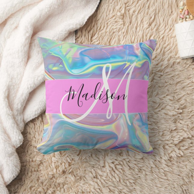 Coussin Nom de monogramme holographique iridescent rose fé (Couverture)