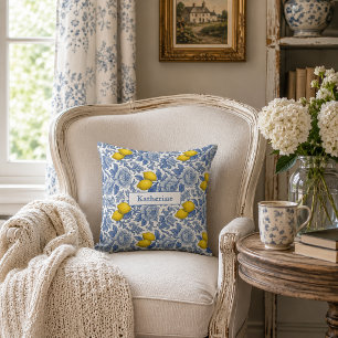 Coussin Nom de motif botanique citron bleu vintage