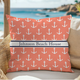 Coussin Nom de motif d'ancre bleu corail nautique blanc