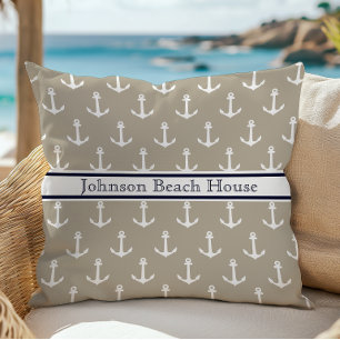 Coussin Nom de motif d'ancre bleu taupe nautique blanc