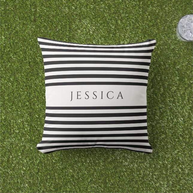 Coussin Nom de motif de ferme à rayures noir et blanc (Herbe)