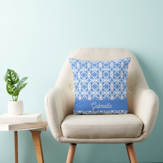 Coussin Nom de motif de toile française bleue (Chaise)