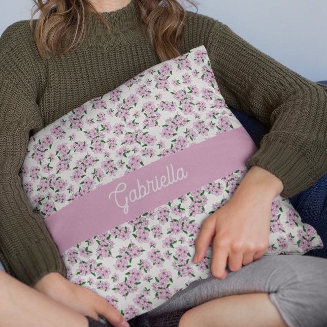 Coussin Nom de motif floral de fleur de cerisier rose (Créateur téléchargé)