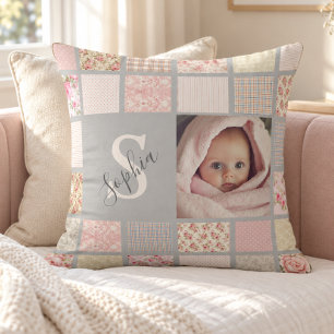 Coussin Nom de photo personnalisé Monogramme Patchwork Ros
