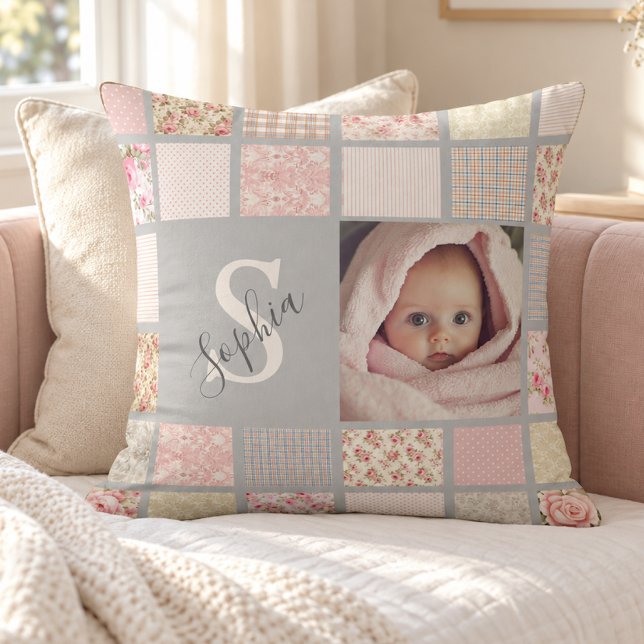 Coussin Nom de photo personnalisé Monogramme Patchwork Ros (Créateur téléchargé)