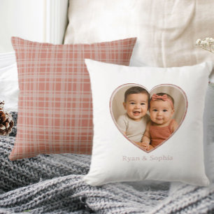 Coussin Nom de photo personnalisé Plaid terracotta beige
