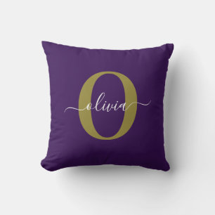Coussin Nom de script de monogramme personnalisé violet bl