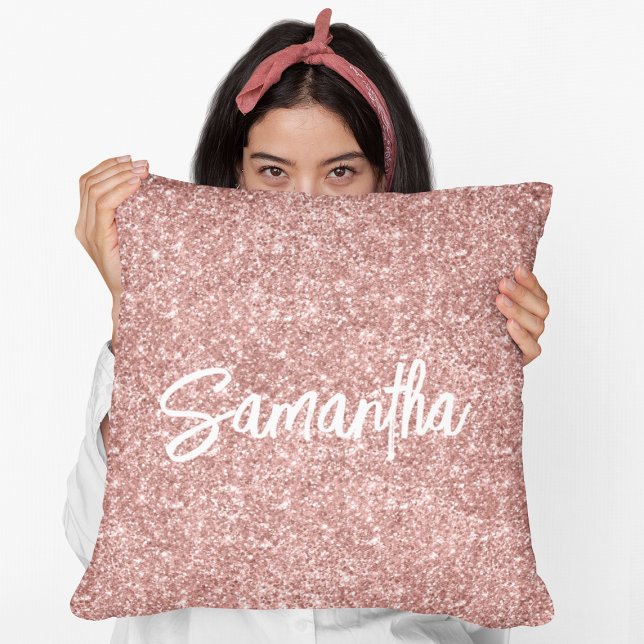 Coussin Nom de script de pinceau pailleté or rose de luxe (Créateur téléchargé)