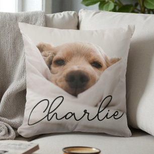Coussin Nom de script moderne Photo de chien personnalisée