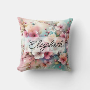 Coussin Nom de script sur fleurs roses vintages d'aquarell