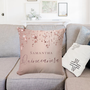 Coussin Nom des étoiles d'or rose de Quinceanera