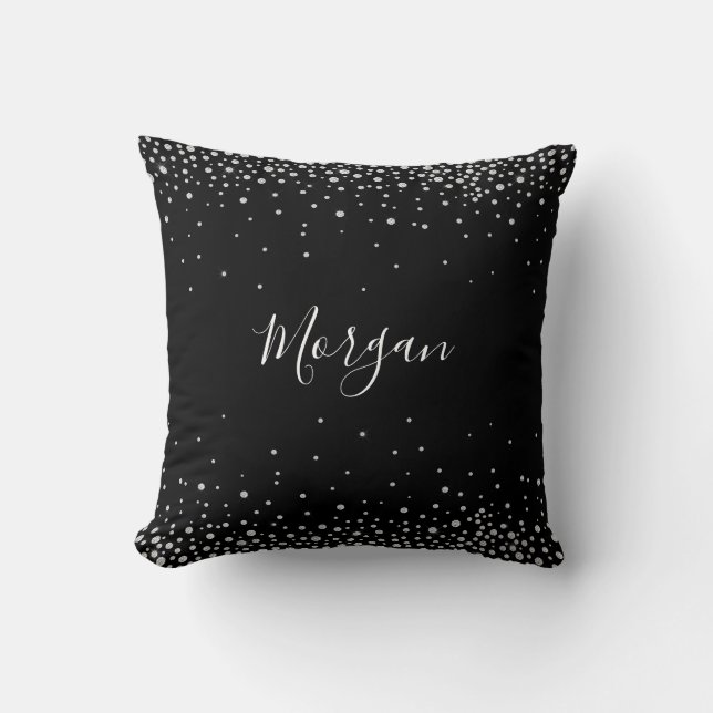 Coussin Nom DIY Écriture Blanche & Diamants Blancs, Noir V (Recto)
