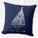Coussin Nom du bateau à voiles Nautique Marine Bleue<br><div class="desc">Ajoutez votre nom de bateau à cette conception moderne de voilier bleu et blanc. Parfait pour un bateau,  un lac ou une maison de plage ou pour tous ceux qui aiment la voile. Art original de Nic Squirrell.</div>