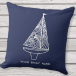Coussin Nom du bateau à voiles Nautique Marine Bleue<br><div class="desc">Ajoutez votre nom de bateau à cette conception moderne de voilier bleu et blanc. Parfait pour un bateau,  un lac ou une maison de plage ou pour tous ceux qui aiment la voile. Art original de Nic Squirrell.</div>