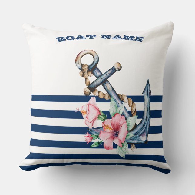 Coussin Nom du bateau, Ancre florale Bleu de la Marine (Recto)