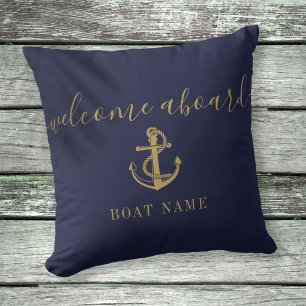Coussin Nom du bateau Bleu marine et ancre dorée Bienvenue