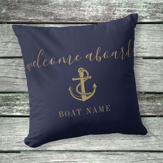 Coussin Nom du bateau Bleu marine et ancre dorée Bienvenue (Boat Name Navy Blue And Gold Anchor Welcome Aboard Throw Pillow)