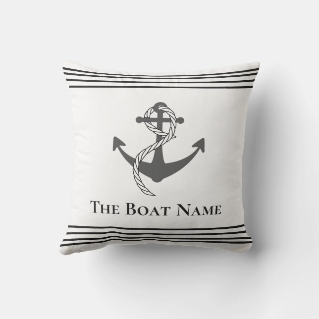 Coussin Nom du bateau de famille Blanc noir gris Ancre nau (Verso)