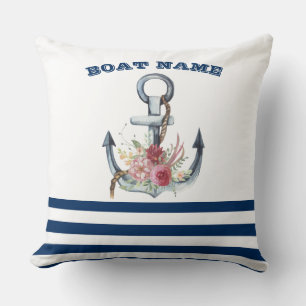 Coussin Nom du bateau, fleurs d'ancre bleu marine rayé