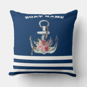 Coussin Nom du bateau, fleurs d'ancre bleu marine rayé