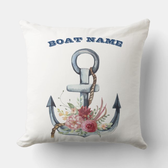 Coussin Nom du bateau, Fleurs d'ancre rayure bleu marine (Recto)