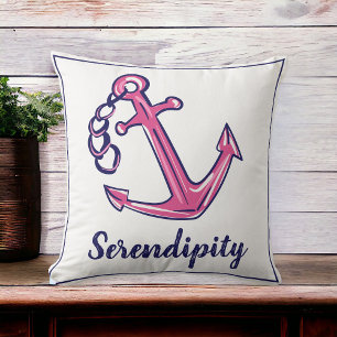 Coussin Nom du bateau Marine Ancre rose