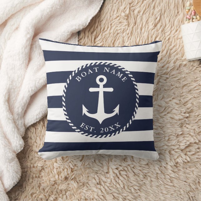 Coussin Nom du bateau Marine Bleu Blanc Ancre Été (Couverture)